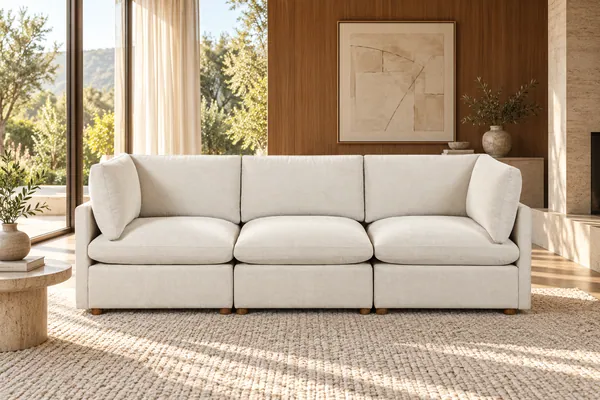 Annex Chenille Sofa Beige three-seat sofa with walnut-colored feet in a sunlit living room