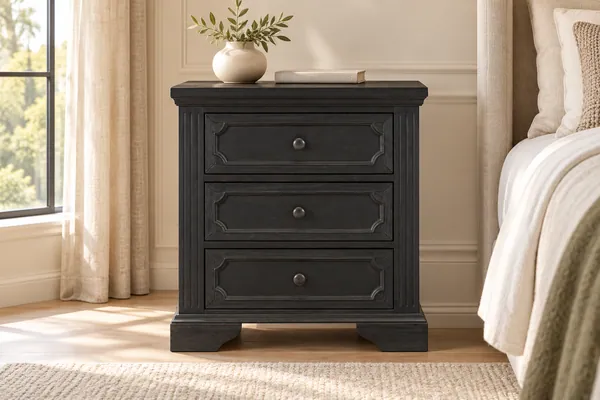 Bolingbrook Three-Drawer Nightstand Charcoal three-drawer nightstand beside a bed in a softly lit bedroom