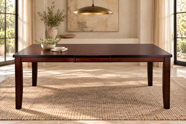 Mantello Extension Dining Table Cherry-finish extension dining table styled beneath a bronze pendant in a sunlit room