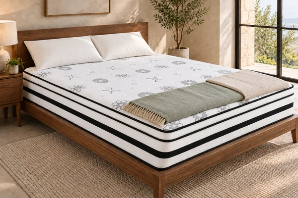 Vela 12" Hybrid · Queen White floral mattress with black side stripes, pillows and decorative bedding in a bedroom