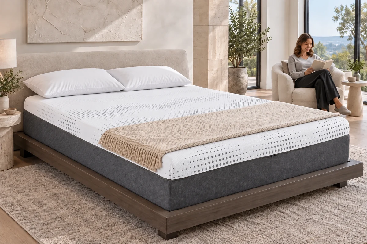 White and gray mattress with an ivory throw on a wood bed beside a reading chair