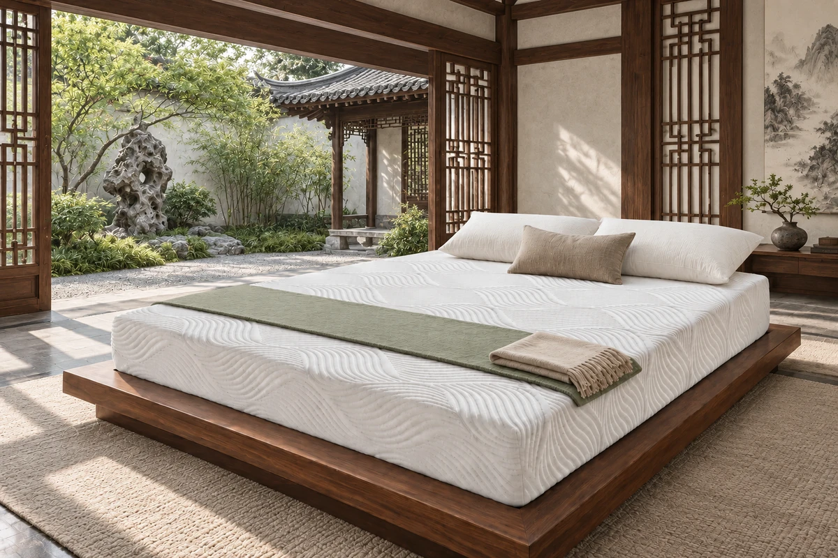 Altair 10" memory foam mattress with a white wave-pattern cover on a wood bed facing a garden