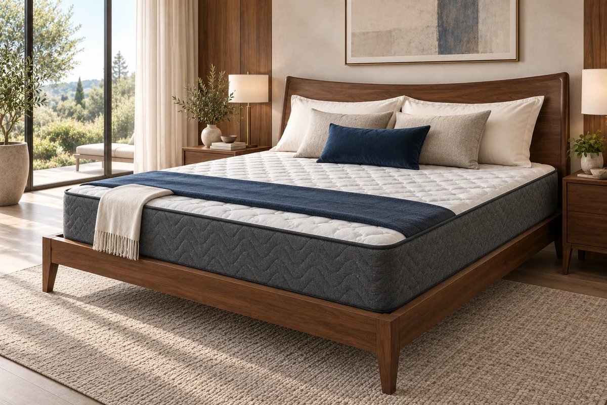 White quilted mattress with charcoal wave-pattern sides, navy bedding and ivory pillows in a walnut bedroom