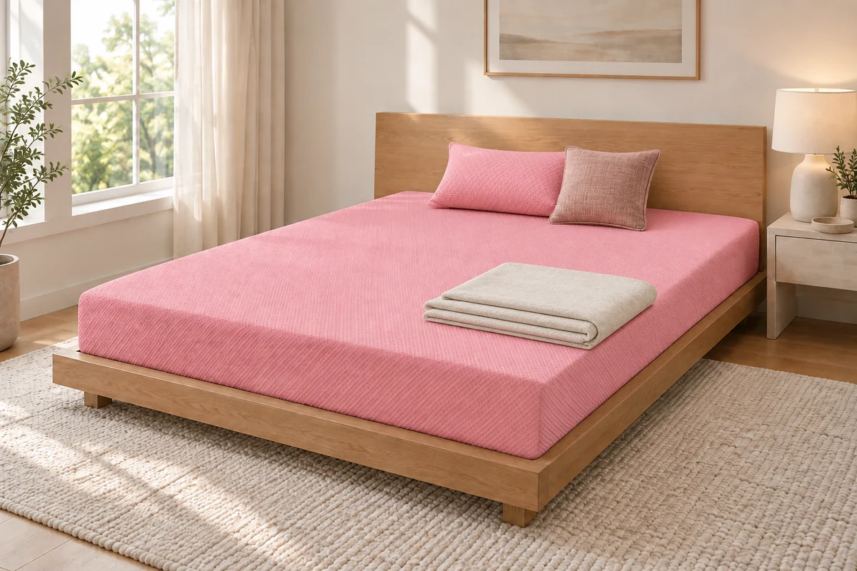 Pink mattress with matching pillow and an ivory folded throw on a wooden bed.