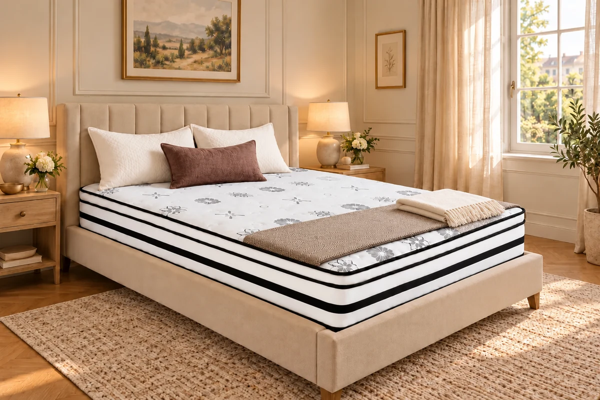 Vela 12" hybrid mattress with a white patterned top and black horizontal side stripes on a beige bed